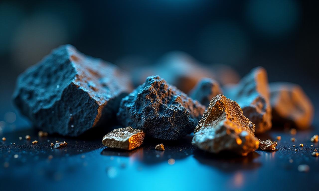 Close up of high-grade mineral ore samples under laboratory lighting